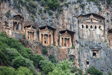 Ancient city of Kaunos, Dalyan valley, Turkey. Kaunos (Latin: Caunus) was a city of ancient Caria and in Anatolia, a few km west of the modern town of Dalyan, Muğla Province, Turkey.