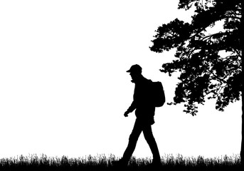 Realistic black illustration of walking tourist with backpack, grass and high tree. Isolated on white background, with space for text, vector