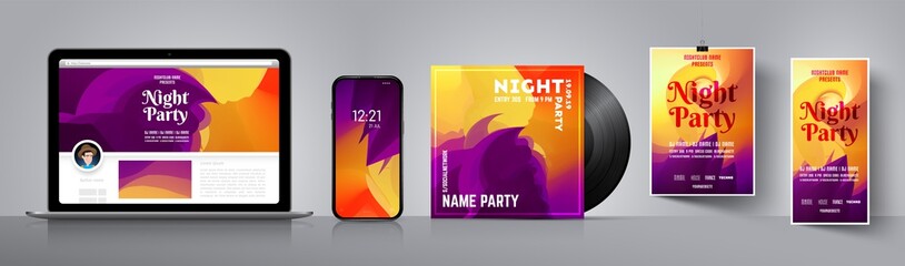 Party flyer template. Layout of the CD cover. Poster template for disco party. Wallpaper for your smartphone or banner. Corporate identity layout  flyer, poster, cover. Set of vector illustrations.  - obrazy, fototapety, plakaty