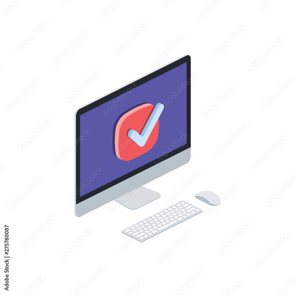 Aufkleber check mark on screen computer interface isometric illustrate 3d vector icon. creative design idea.
