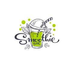 Smoothie Bar, vector sketching illustration and hand drawn lettering composition for your summer health drink menu