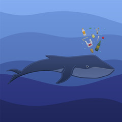 The whale swims under blue ocean water and spouts trash in profile in vector. The trash consists of plastic and glass bottle, packet, pack of cigarettes, bottle cap, can, tubule, spoon, coffee cup.