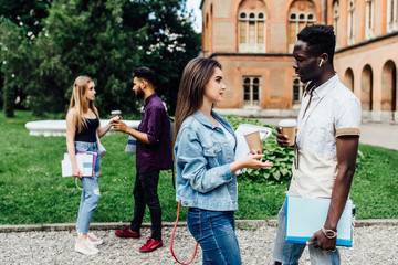 Fototapeta premium Friendship, education and teenage concept - two, happy students with folders learning and drinking coffee at campus.