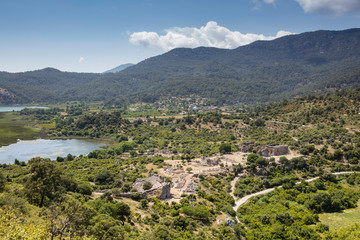 Fototapeta premium Ancient city of Kaunos, Dalyan valley, Turkey. Kaunos (Latin: Caunus) was a city of ancient Caria and in Anatolia, a few km west of the modern town of Dalyan, Muğla Province, Turkey.
