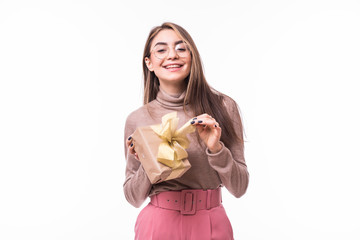 Smiling woman hold gift box isolated white background.