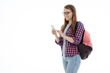 Portrait of a young student girl on a white background