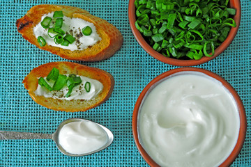 Croutons with sour cream and greens. Chopped green onions and sour cream. Sour cream. Fermented milk product. Probiotics.