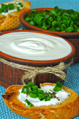 Croutons with sour cream and greens. Chopped green onions and sour cream. Sour cream. Fermented milk product. Probiotics.