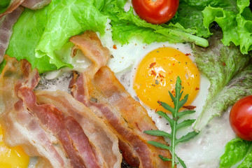 fried eggs for Breakfast close-up with bacon