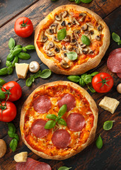 Homemade Pepperoni, Salami, mushroom Pizza with basil, tomatoes, cheese on wooden table. ready to eat
