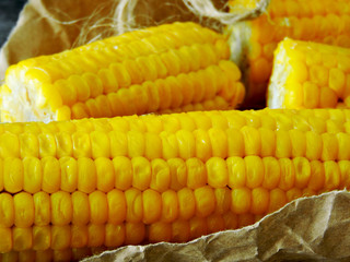 Fresh juicy boiled corn in paper. Warm boiled corn and salt.