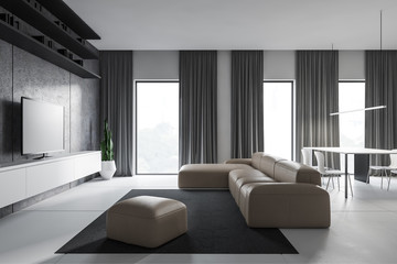 White living room interior with sofa and TV