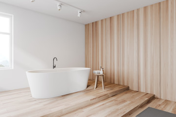Naklejka na ściany i meble White and wooden bathroom corner, tub