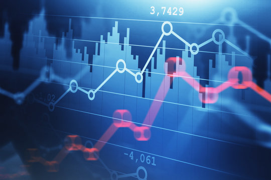 Blue and red forex graphs and bar charts