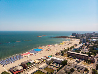 Aerial view of Mamaia in Constanta, popular tourist place and resort on black sea in a Romania. At one side of this place is located lake, and at other side is a Black Sea.