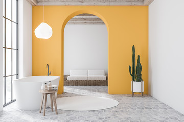 Yellow bathroom and living room interior