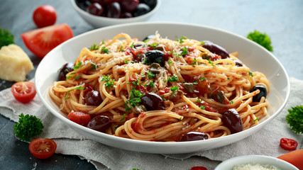 Pasta Alla Puttanesca with garlic, olives, capers, tomato and anchois fish