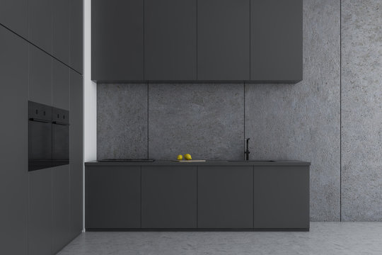Minimalist concrete kitchen interior, countertops