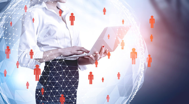 Woman with laptop, global social media - Powered by Adobe