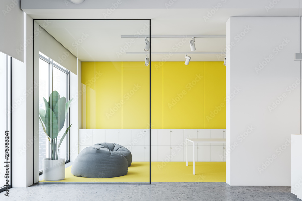 Wall mural yellow and white office waiting room with pouffes