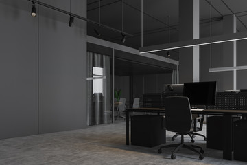 Grey industrial style office with meeting room