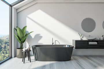 Scandinavian bathroom interior, tub and sink