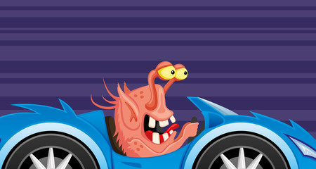 Obraz na płótnie Canvas Bright horizontal illustration with a monster in a sport car on a purple background.