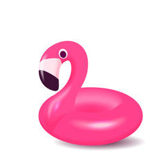 Swim ring in flamingo shape isolated on white background. 3D colored inflatable swimming pool ring vector illustration. 