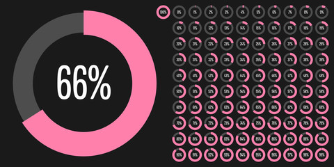 Set of circle percentage diagrams (meters) from 0 to 100 ready-to-use for web design, user interface (UI) or infographic - indicator with pink