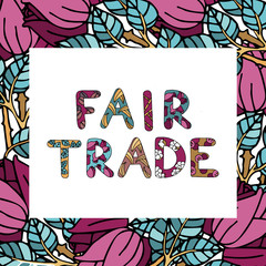 Fair trade color doodle with lettering and products of fair trade