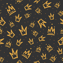 Doodle crowns pattern. Hand drawn luxury crown, king coronation sketch and majestic queen tiara. Royal doodle, princess room royalty gold crowns wallpaper seamless vector illustration