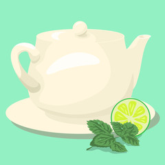 Ceramic Teapot with mint Tea and Green Leaves