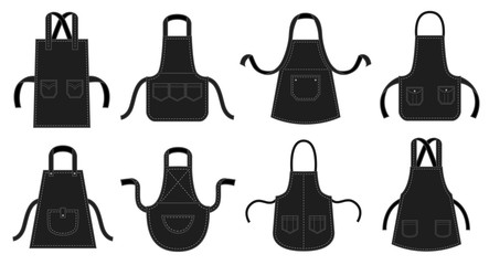 Black kitchens aprons. Waiter apron, restaurant chef uniform with seam patch pocket and kitchen uniforms. Elegant restaurant chefs wear, barbecue protect cloth. Isolated vector icons illustration set