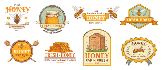 Fototapeta Honey badge. Natural bee farm product label, organic beekeeping pollen and bees hive emblem badges. Beehives logo, honeycomb tag or bumblebee wasp bee wax insignia. Isolated vector illustration set obraz