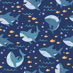 Tapeten Meerestiere Cartoon-Hai-Muster. Nahtloses Schwimmen im Ozean, Meereshai und Meer unter Wasser. Raubtiermaskottchentapete, gruselige Wassermonsterfische, die Vektorhintergrundmuster einwickeln