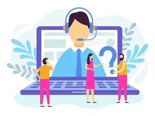 Customer support service. Call center operator, 24 7 technical support and personal assistant services. Social media supporting consulting, hotline operator support vector illustration