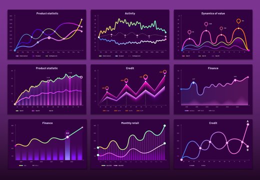 Line graph charts. Business financial graphs, marketing chart graphics and histogram infographic. Economy data graph, crypto currency prices bar or analytics analysis diagram vector set