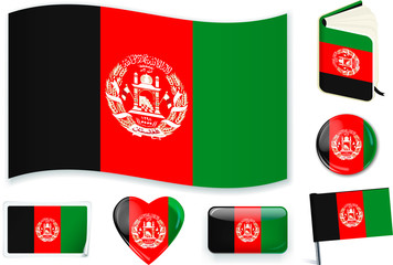 Afghanistan flag wave, book, circle, pin, button, heart and sticker.