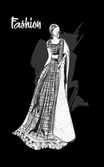 Beautiful young women  in an evening dress on a black background. Hand drawn fashion girl. Fashion model posing. Sketch. Vector illustration.