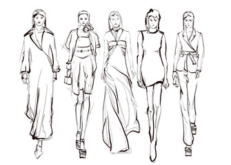 Fashion models sketch hand drawn , stylized silhouettes isolated.Vector fashion illustration set.