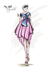 Beautiful young women in a pink dress. Hand drawn fashion girl. Fashion model posing. Sketch. Vector illustration.
