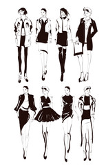 Fashion models sketch hand drawn , stylized silhouettes isolated.Vector fashion illustration set.