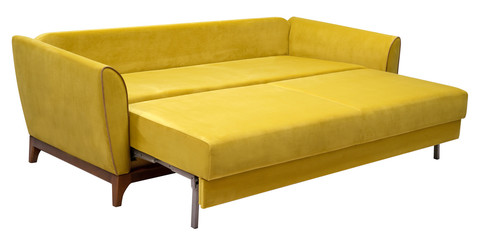 Yellow sofa isolated on white background. View from behind. The sofa is laid out for sleep. Including clipping path