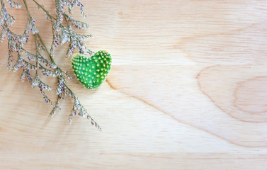 Closeup of heart shaped cactus with dry leaf on wooden table