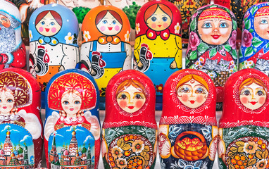 Russian wooden doll matryoshka on the counter of the gift shop. Matryoshka is a national Russian souvenir.