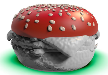 Poisonous Mushroom Burger. Fast Food is Poison. Isolated 3D Close-Up.