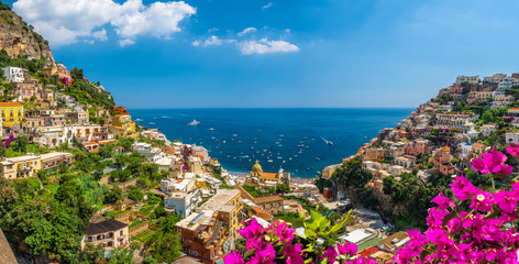 Landscape with Positano town at famous amalfi coast, Italy - obrazy, fototapety, plakaty