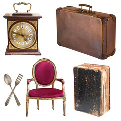 Set of beautiful antique items, picture frames, furniture, silverware. Retro. Vintage. Isolated on white background
