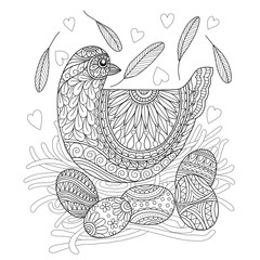 Hand drawn sketch illustration of hen and egg for adult coloring book.