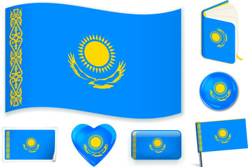 Kazakhstan flag wave, book, circle, pin, button, heart and sticker.